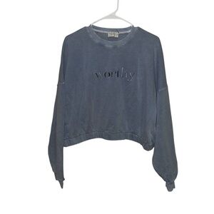 Dress Forum Blue Washed 'Worthy' Cropped Dropped Shoulder Puff Sleeve Sweatshirt